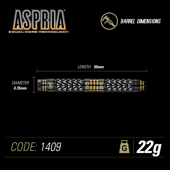 Winmau Aspria Steel Tip Dart Set 22 gram 95%/85% Tungsten alloy Dual Core technology