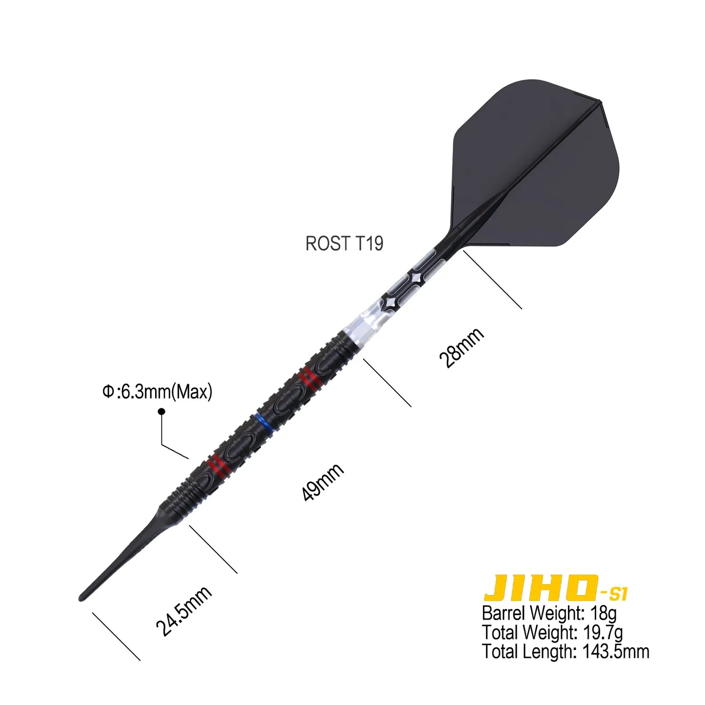 CUESOUL JIHO S1 18 gram 90% Tungsten Soft Tip Dart Set w/ ROST T19 Flight