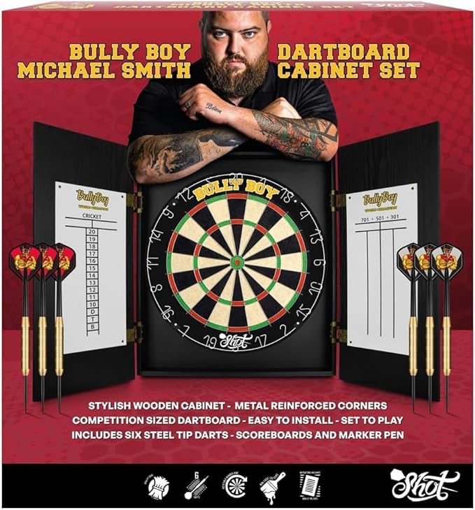 Shot Michael Smith Bully Boy Dartboard Cabinet Set