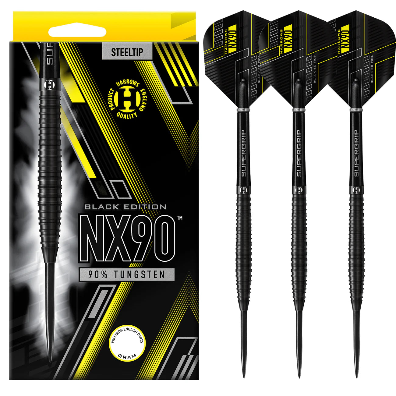 Harrows NX90 Black - Steel Tip Darts - 90% Tungsten - 22g