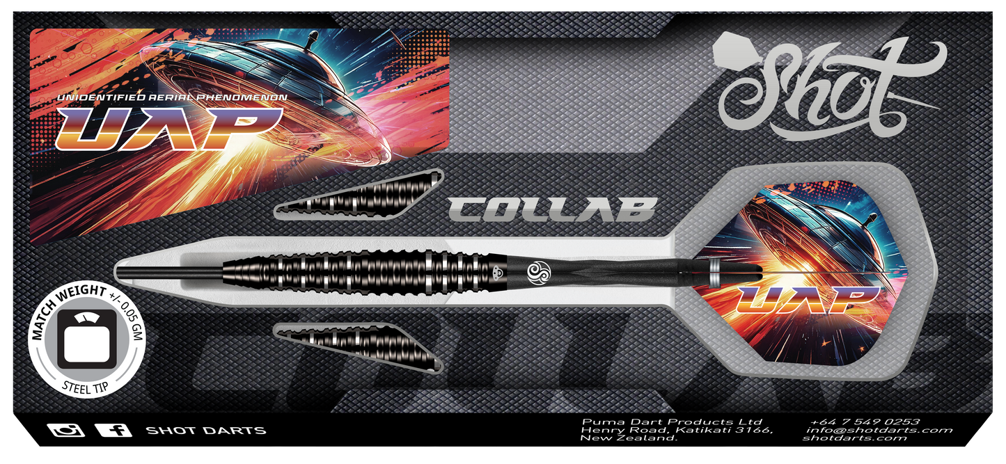 Shot Mack Darts Collab UAP (Unidentified Aerial Phenomenon) Steel Tip Dart Set-90% Tungsten Barrels-23gm