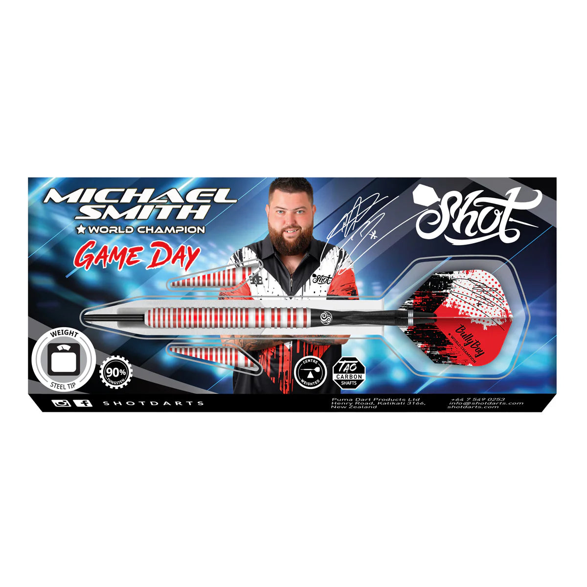 Shot Michael Smith Game Day Steel Tip Dart Set-90% Tungsten Barrels-21gm