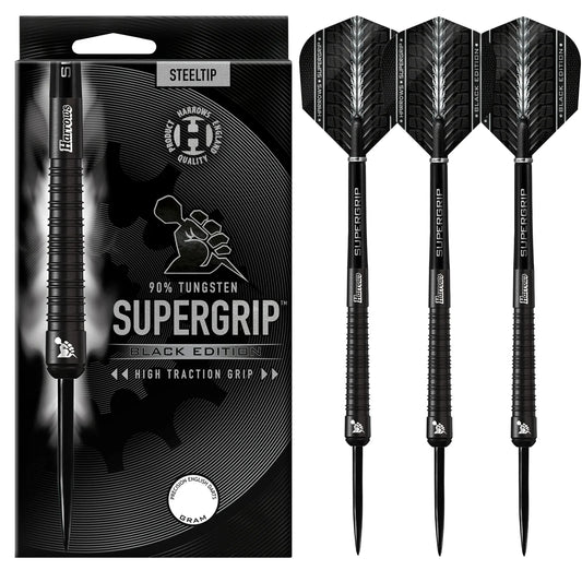 Harrows Supergrip Black Edition - Steel Tip Darts - 90% Tungsten - 28g