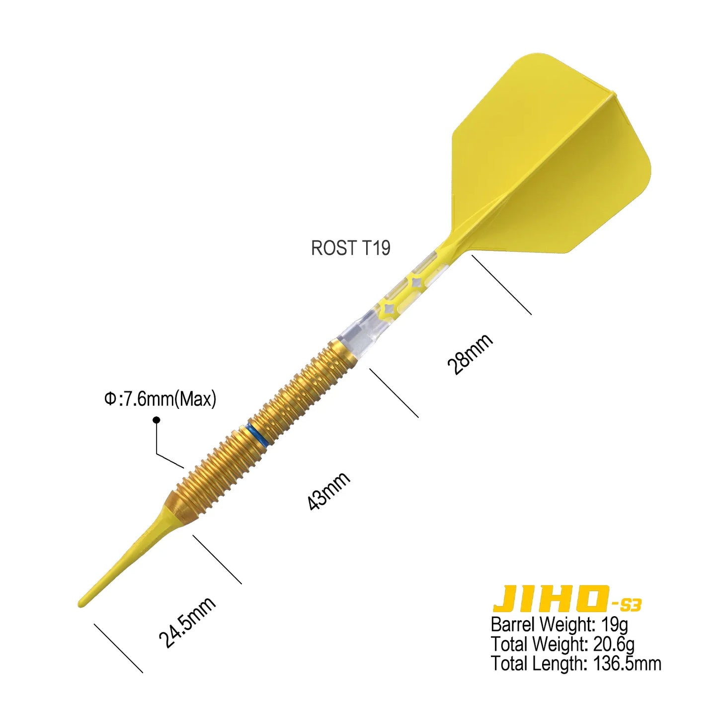 CUESOUL JIHO S3 19 gram 90% Tungsten Soft Tip Dart Set w/ ROST T19 Flight