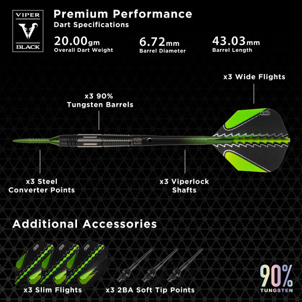 Viper Black Flux 90% Tungsten Steel or Soft Tip Conversion Darts Green 20g