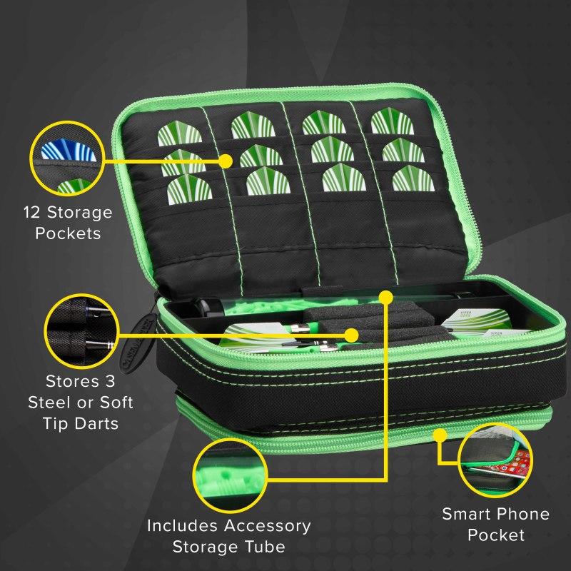 Casemaster Plazma Plus Dart Case Black with Green Trim and Phone Pocket Dart Case