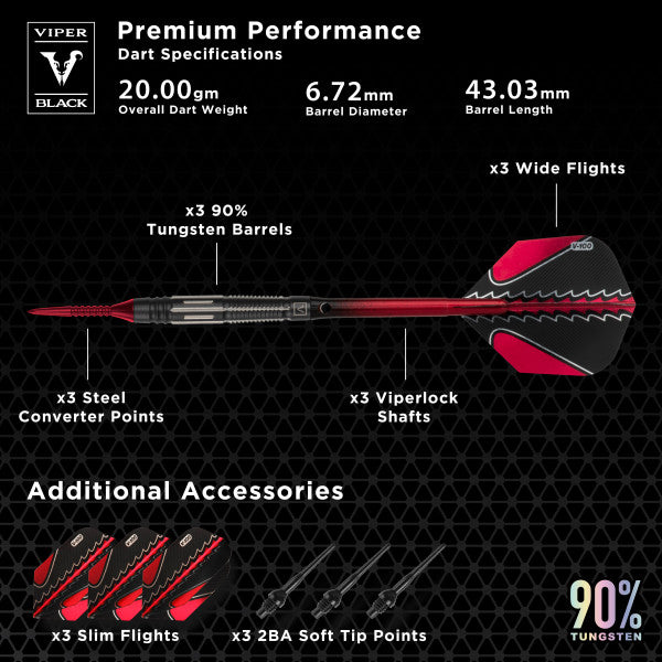 Viper Black Flux 90% Tungsten Steel or Soft Tip Conversion Darts Red 20g