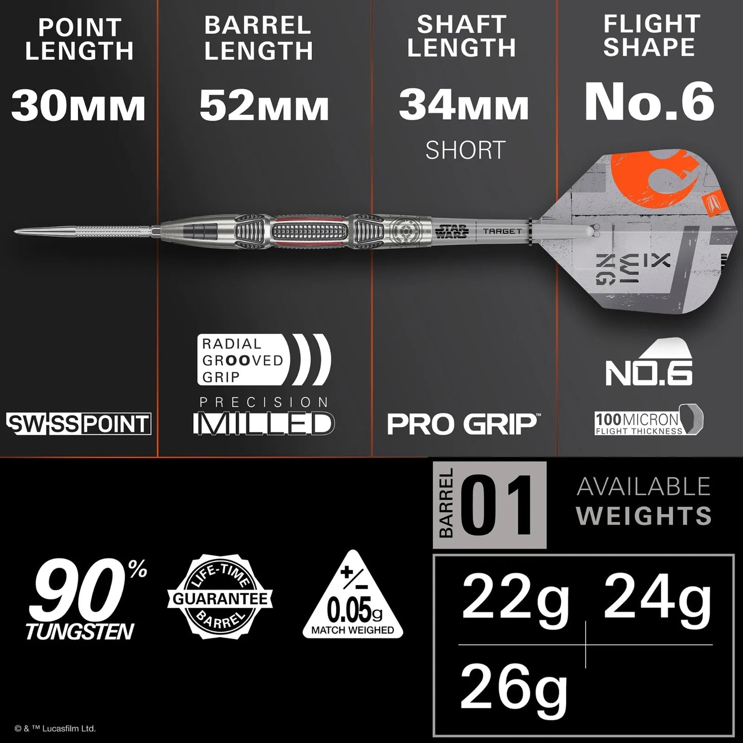 Target Star Wars X-Wing Swiss Point 90% Tungsten Steel Tip Darts - 24gm