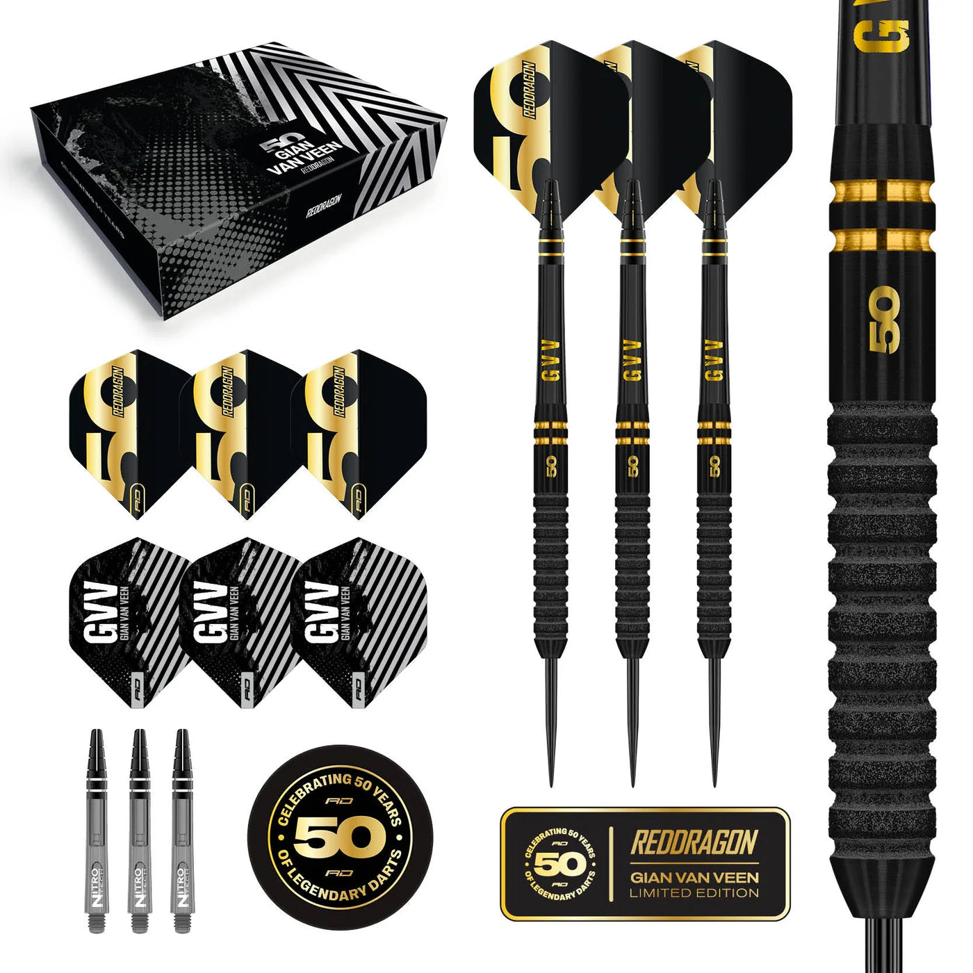 Red Dragon 50 Year Limited Edition Gian Van Veen Steel Tip Darts in Gift box 90% Tungsten