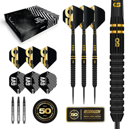 Red Dragon 50 Year Limited Edition Gian Van Veen Steel Tip Darts in Gift box 90% Tungsten
