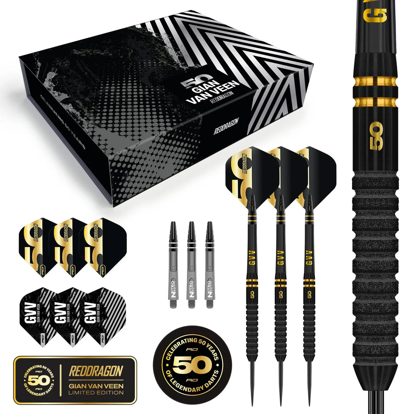 Red Dragon 50 Year Limited Edition Gian Van Veen Steel Tip Darts in Gift box 90% Tungsten