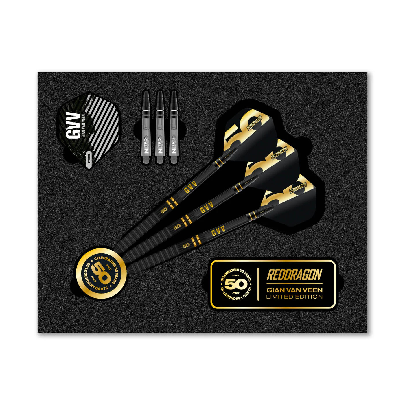 Red Dragon 50 Year Limited Edition Gian Van Veen Steel Tip Darts in Gift box 90% Tungsten
