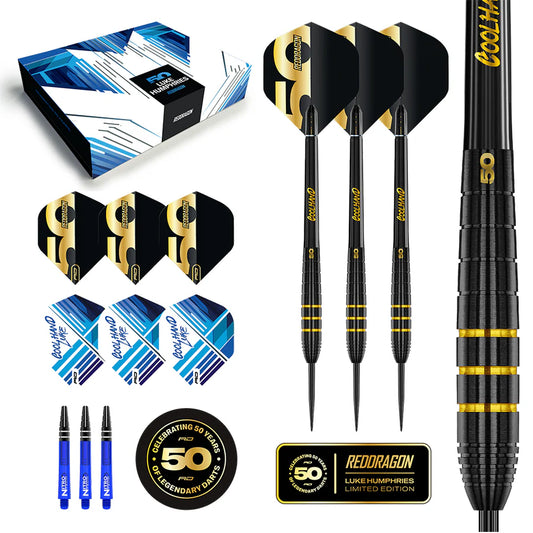 Red Dragon 50 Year Limited Edition Luke Humphries Steel Tip Darts in Gift box 90% Tungsten
