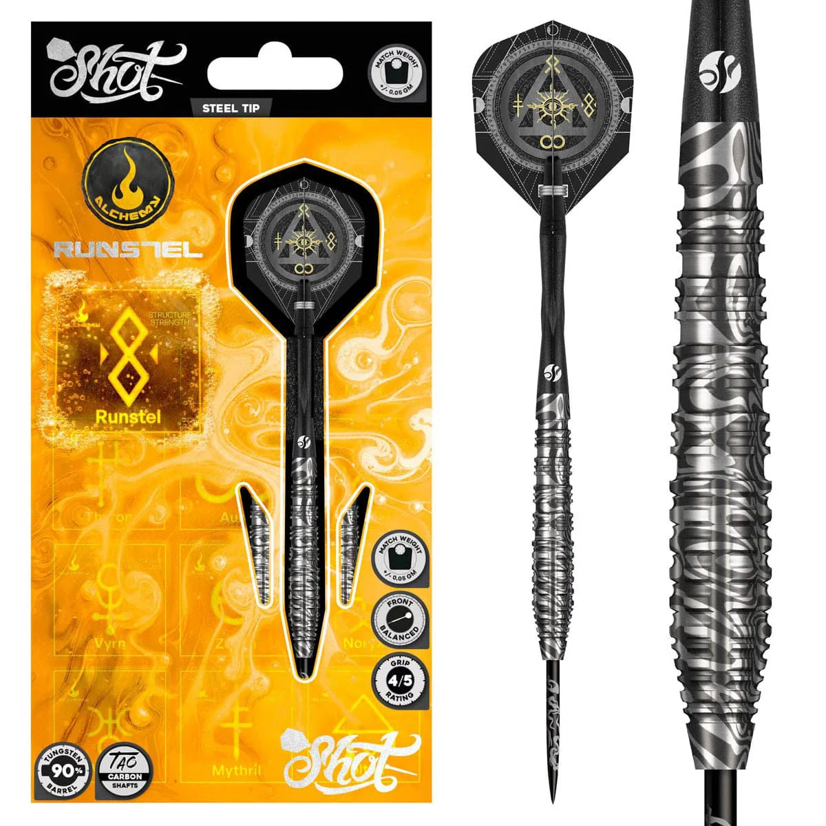 Shot Alchemy Runstel Steel Tip Dart Set-90% Tungsten Barrels-23gm