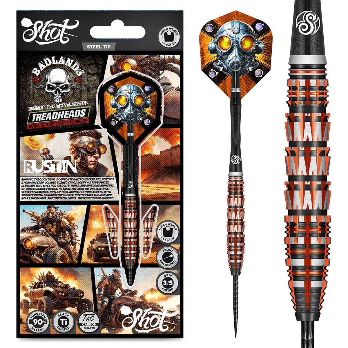 Shot Badlands Rustin Steel Tip Dart Set-90% Tungsten Barrels-25gm