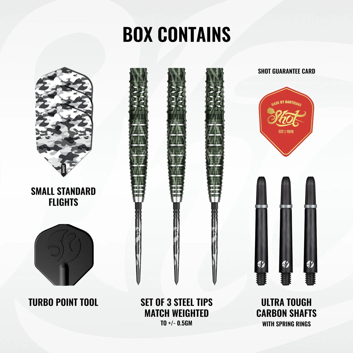 Shot Camo Ghillie Turbo Point Steel Tip Dart Set-90% Tungsten Barrels - 24gm