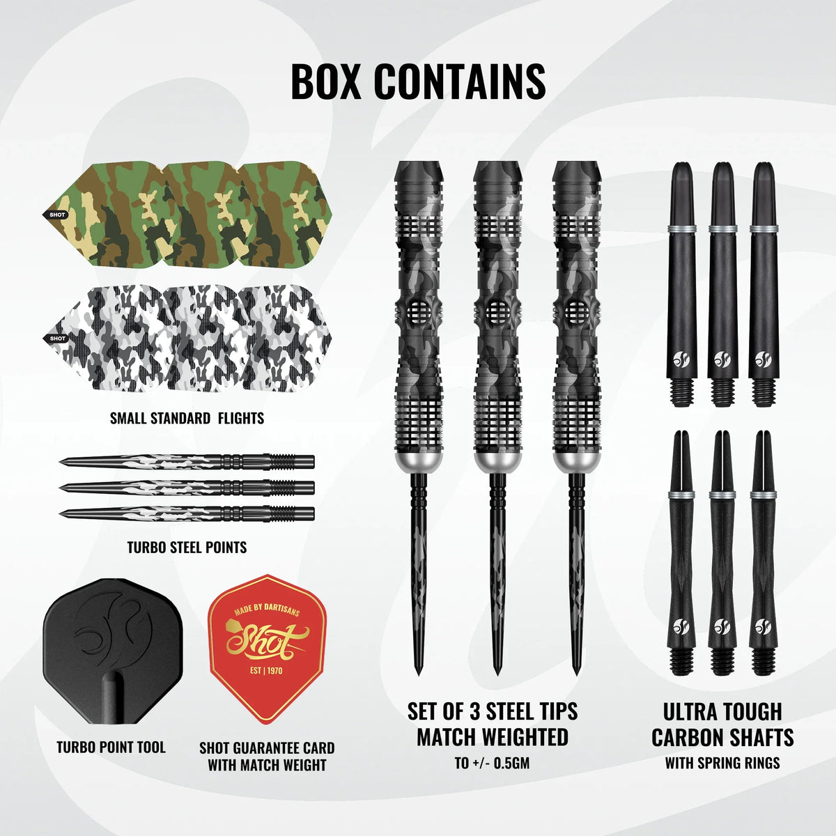 Shot Camo Longshot Turbo Point Steel Tip Dart Set-95% Tungsten Barrels - 23gm