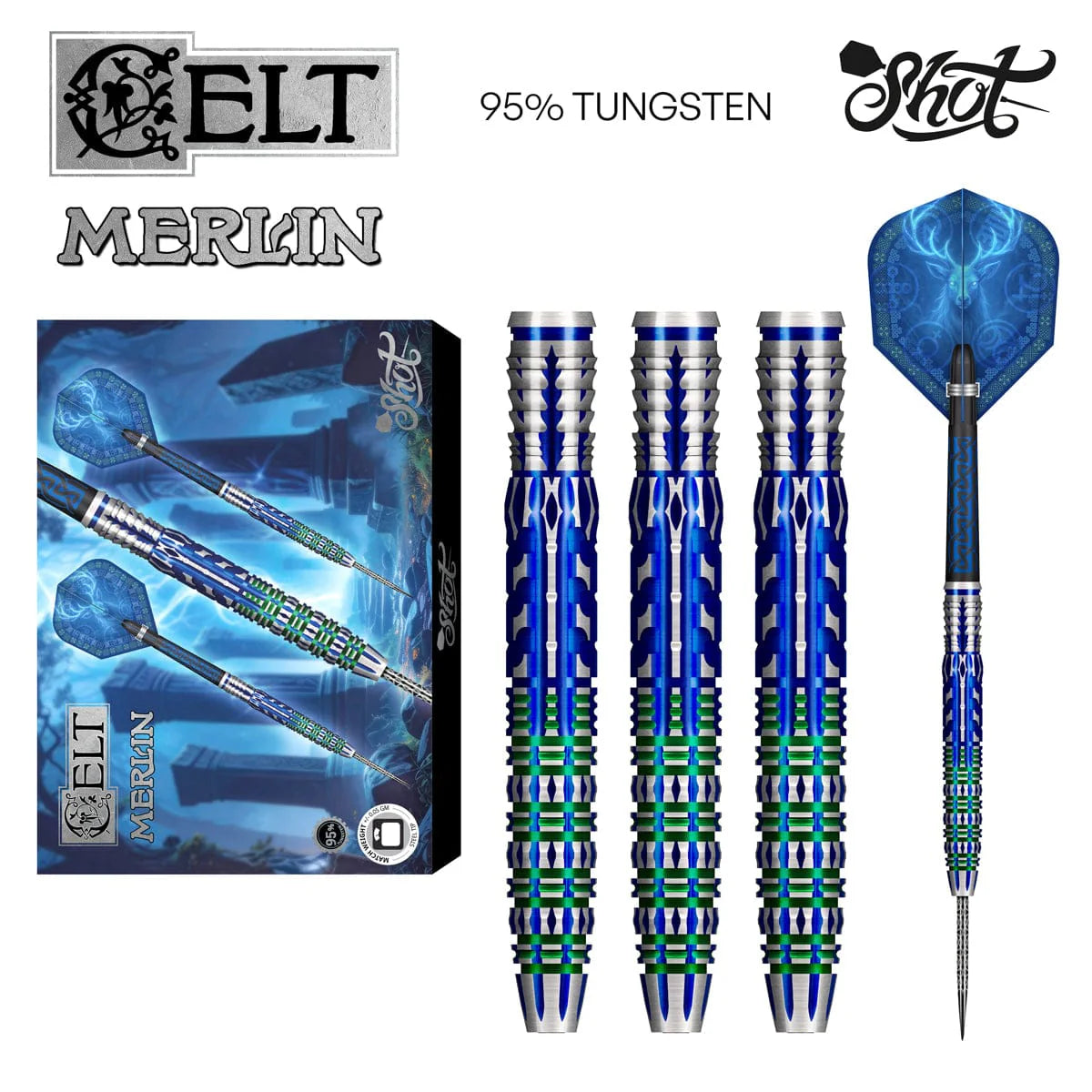 Shot Celt Merlin Steel Tip Dart Set-95% Tungsten Barrels-24gm