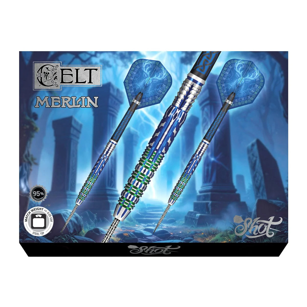 Shot Celt Merlin Steel Tip Dart Set-95% Tungsten Barrels-24gm