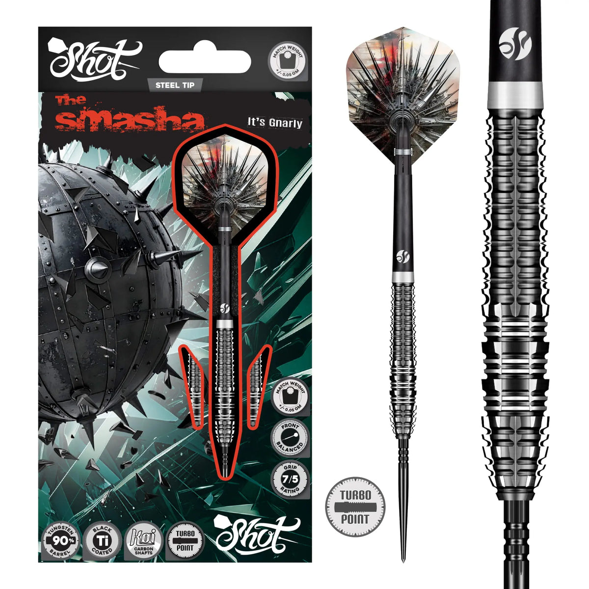 Shot Gnarly Smasha Turbo Point Steel Tip Dart Set-90% Tungsten Barrels-26gm