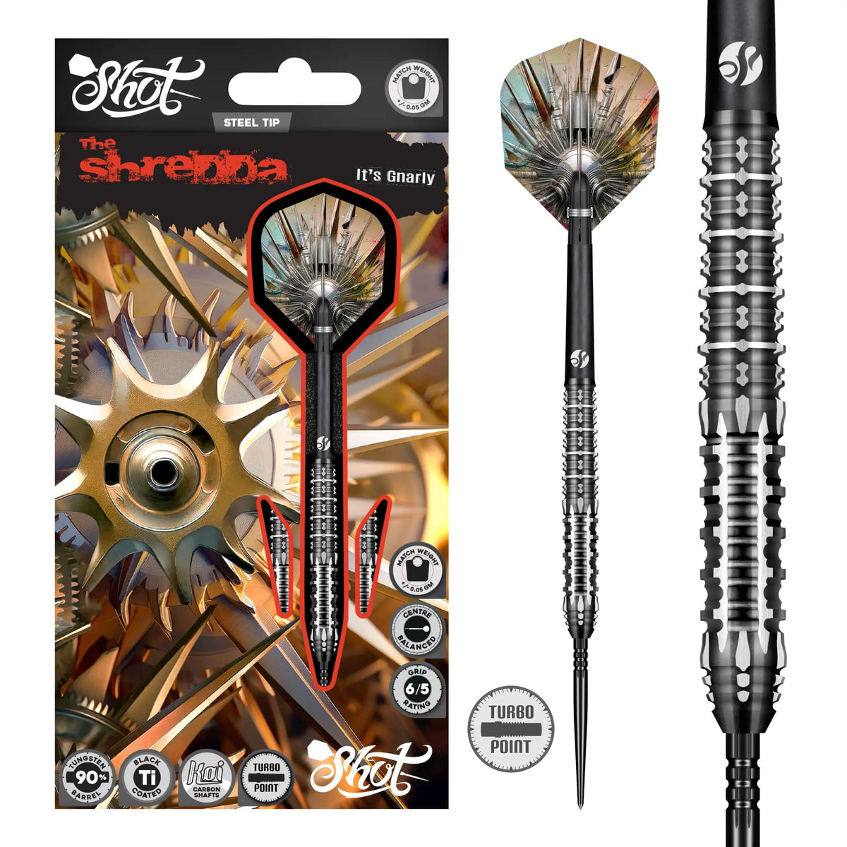 Shot Gnarly Shredda Turbo Point Steel Tip Dart Set-90% Tungsten Barrels-24gm