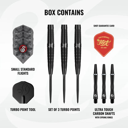 Shot Pro Series Jonny Tata Turbo Point Steel Tip Dart Set-90% Tungsten Barrels-24gm