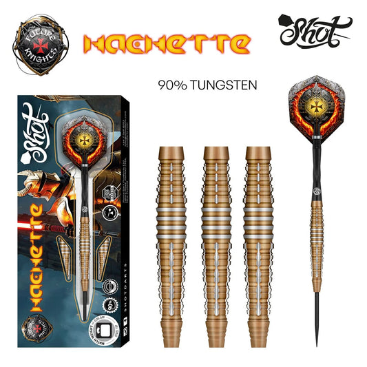 Shot Future Knights Hachette Steel Tip Dart Set-90% Tungsten Barrels-24gm