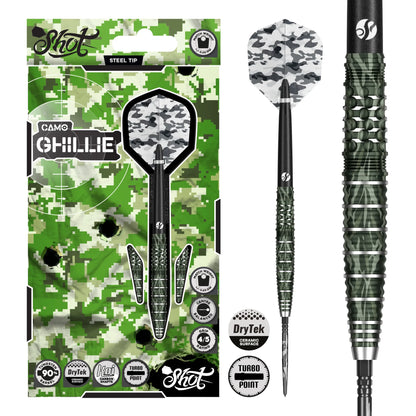 Shot Camo Ghillie Turbo Point Steel Tip Dart Set-90% Tungsten Barrels - 24gm