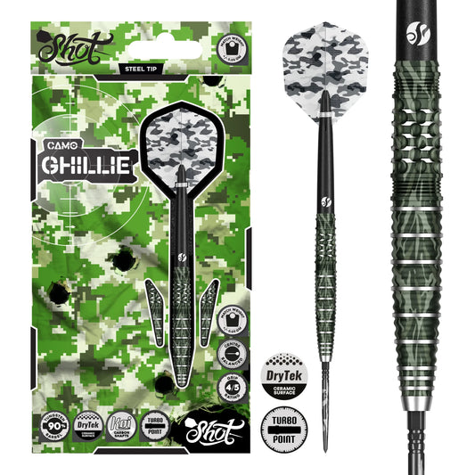Shot Camo Ghillie Turbo Point Steel Tip Dart Set-90% Tungsten Barrels - 25gm