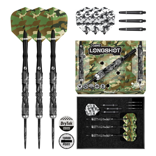 Shot Camo Longshot Turbo Point Steel Tip Dart Set-95% Tungsten Barrels - 25gm