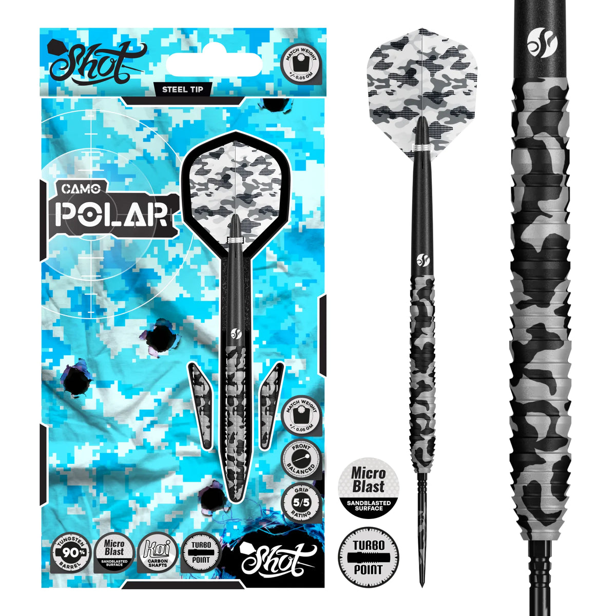 Shot Camo Polar Turbo Point Steel Tip Dart Set-90% Tungsten Barrels - 24gm