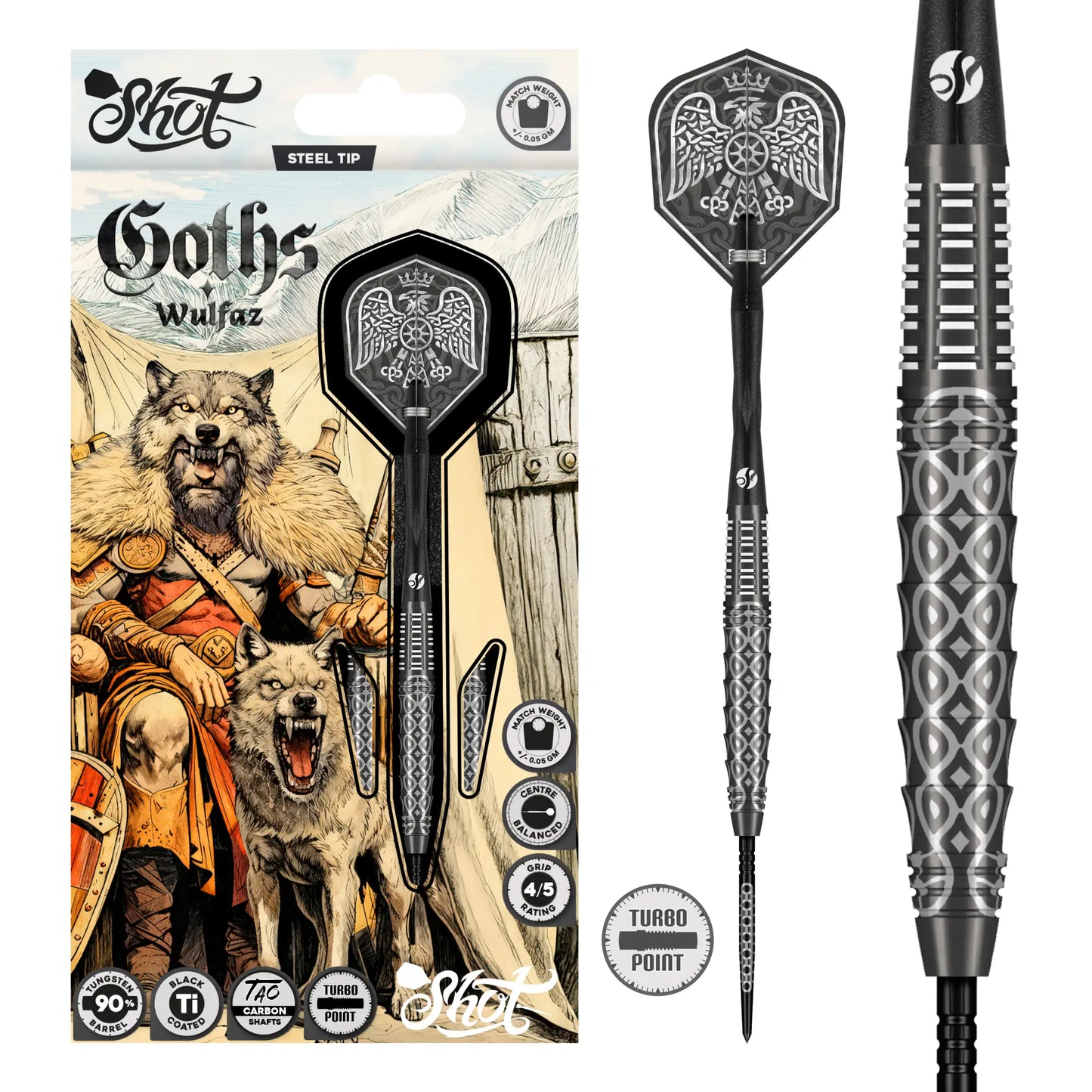 Shot Goths Wulfaz Turbo Point Steel Tip Dart Set-90% Tungsten Barrels-23gm
