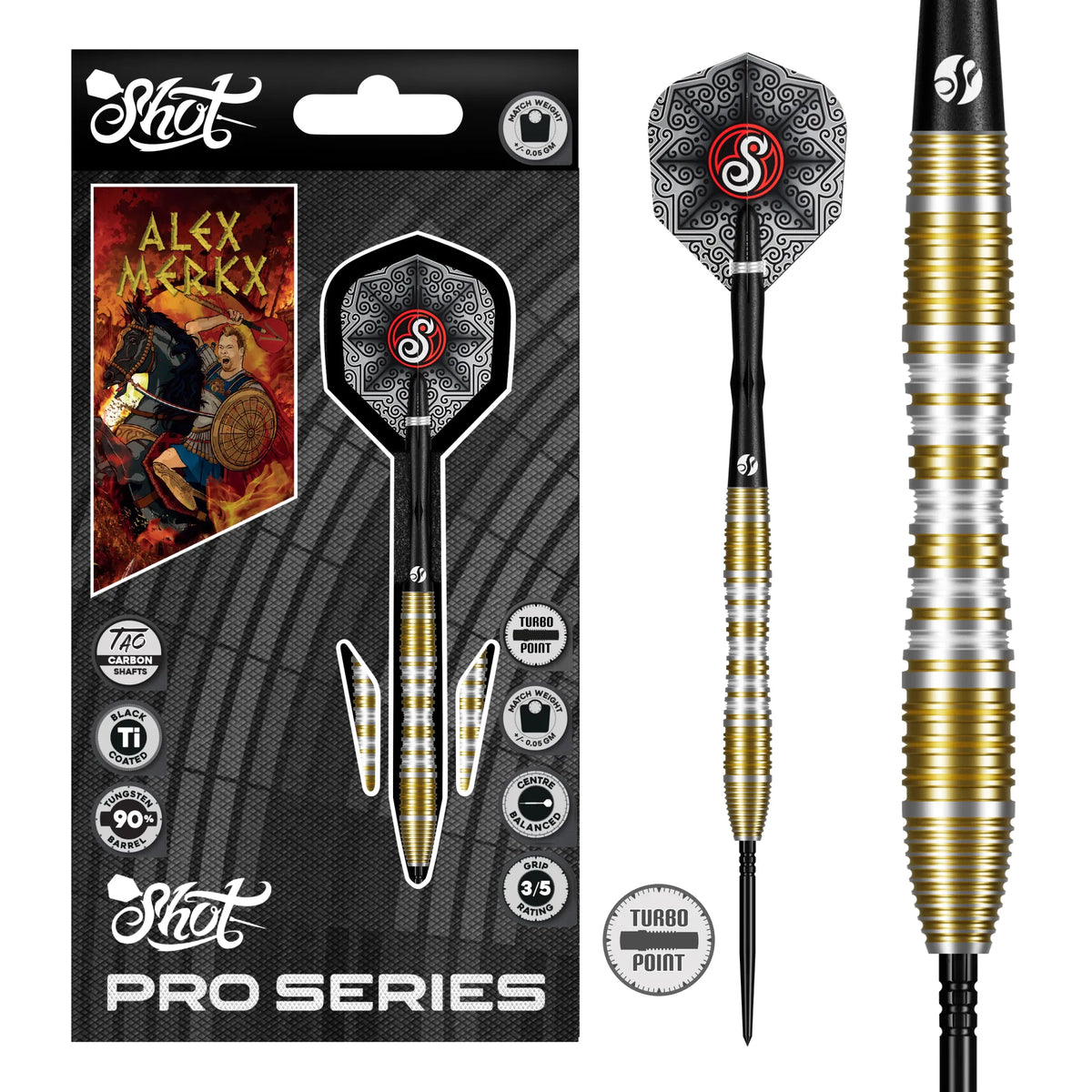 Shot Pro Series Alexander Merkx Turbo Point Steel Tip Dart Set-90% Tungsten Barrels-23gm