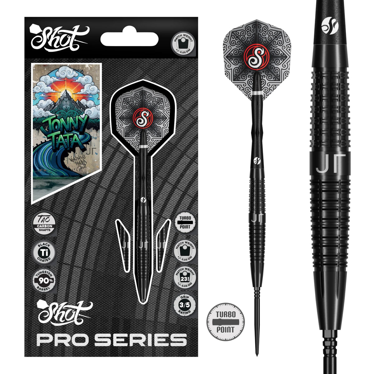 Shot Pro Series Jonny Tata Turbo Point Steel Tip Dart Set-90% Tungsten Barrels-24gm