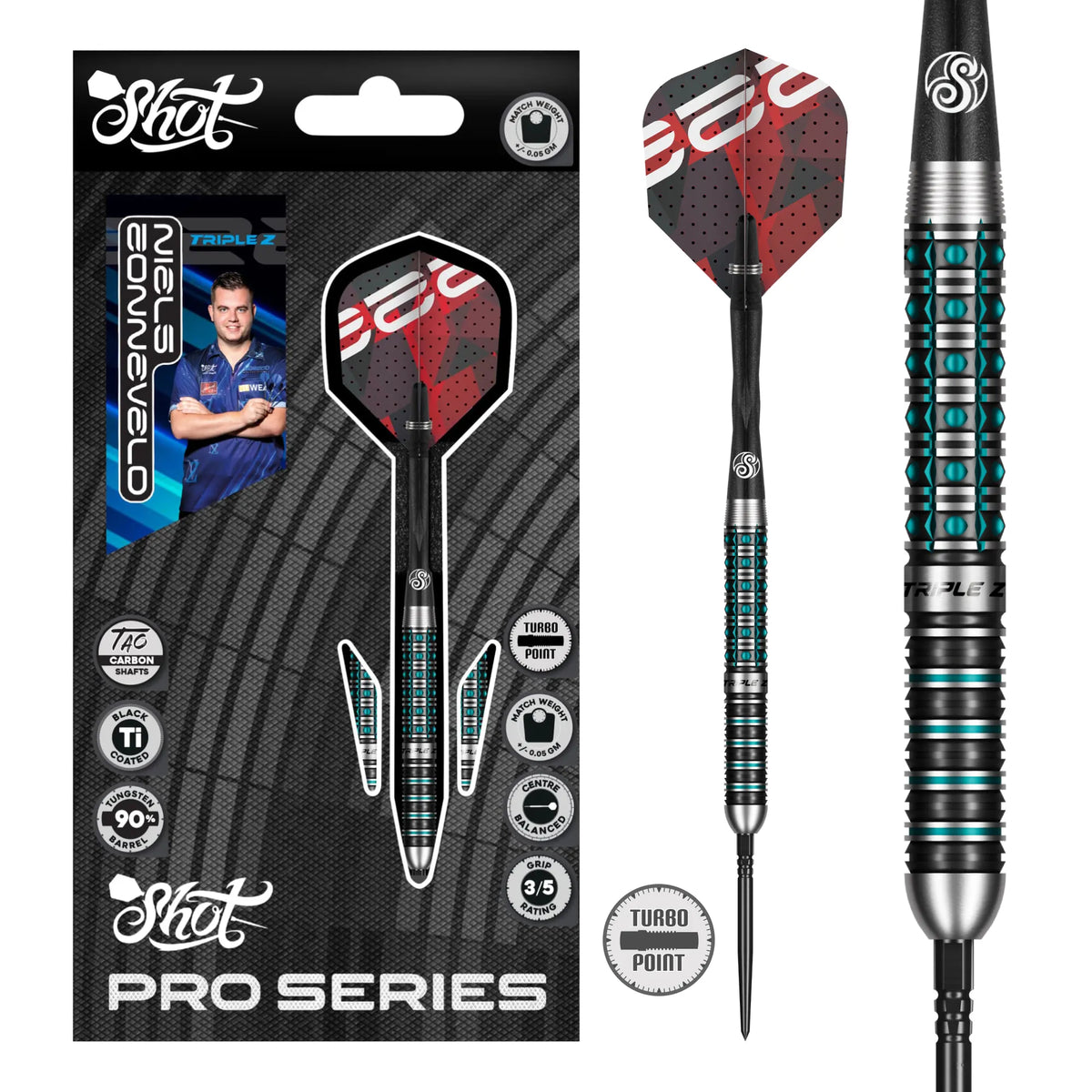Shot Pro Series Niels Zonneveld Turbo Point Steel Tip Dart Set-90% Tungsten Barrels-23gm