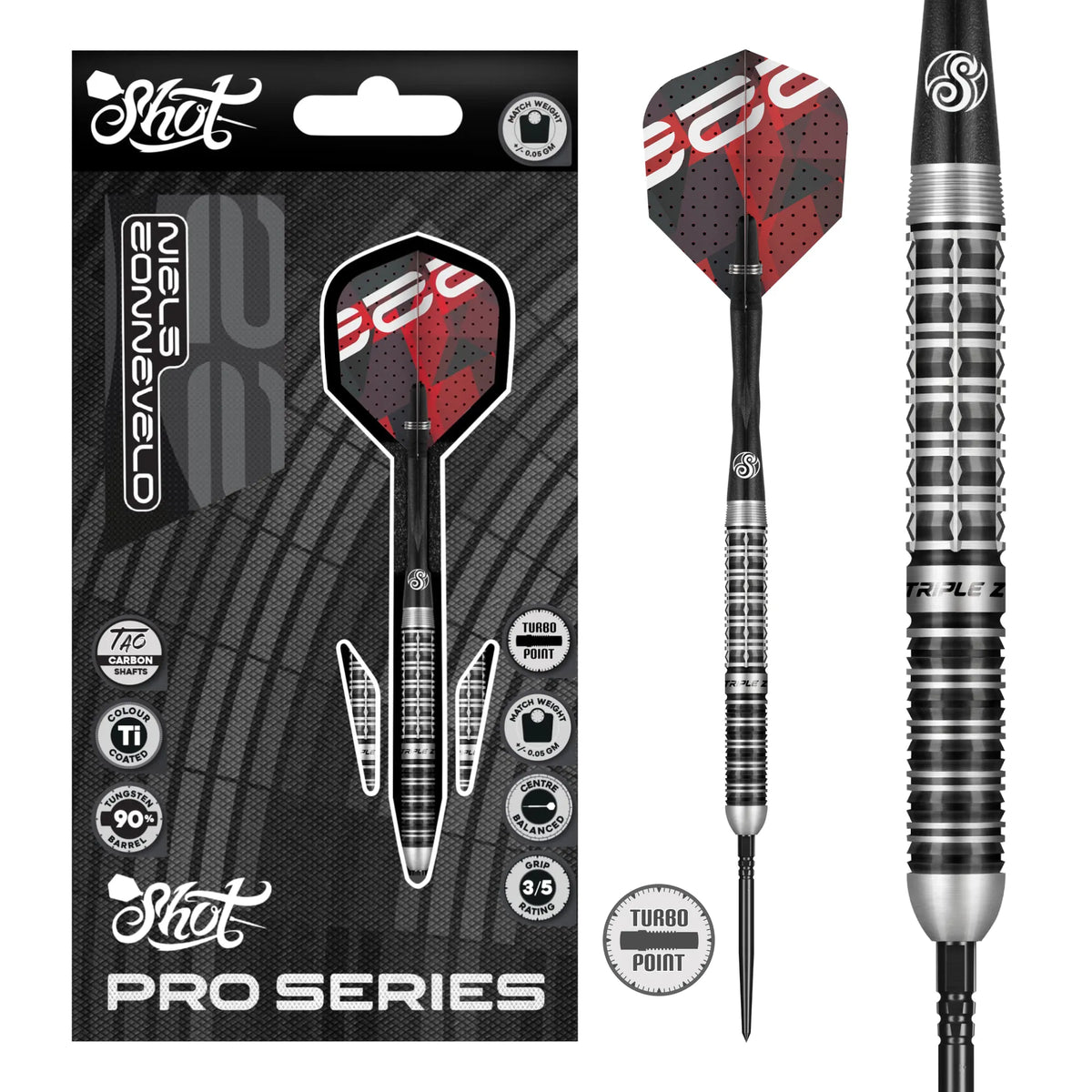 Shot Pro Series Niels Zonneveld 2 Turbo Point Steel Tip Dart Set-90% Tungsten Barrels-24gm