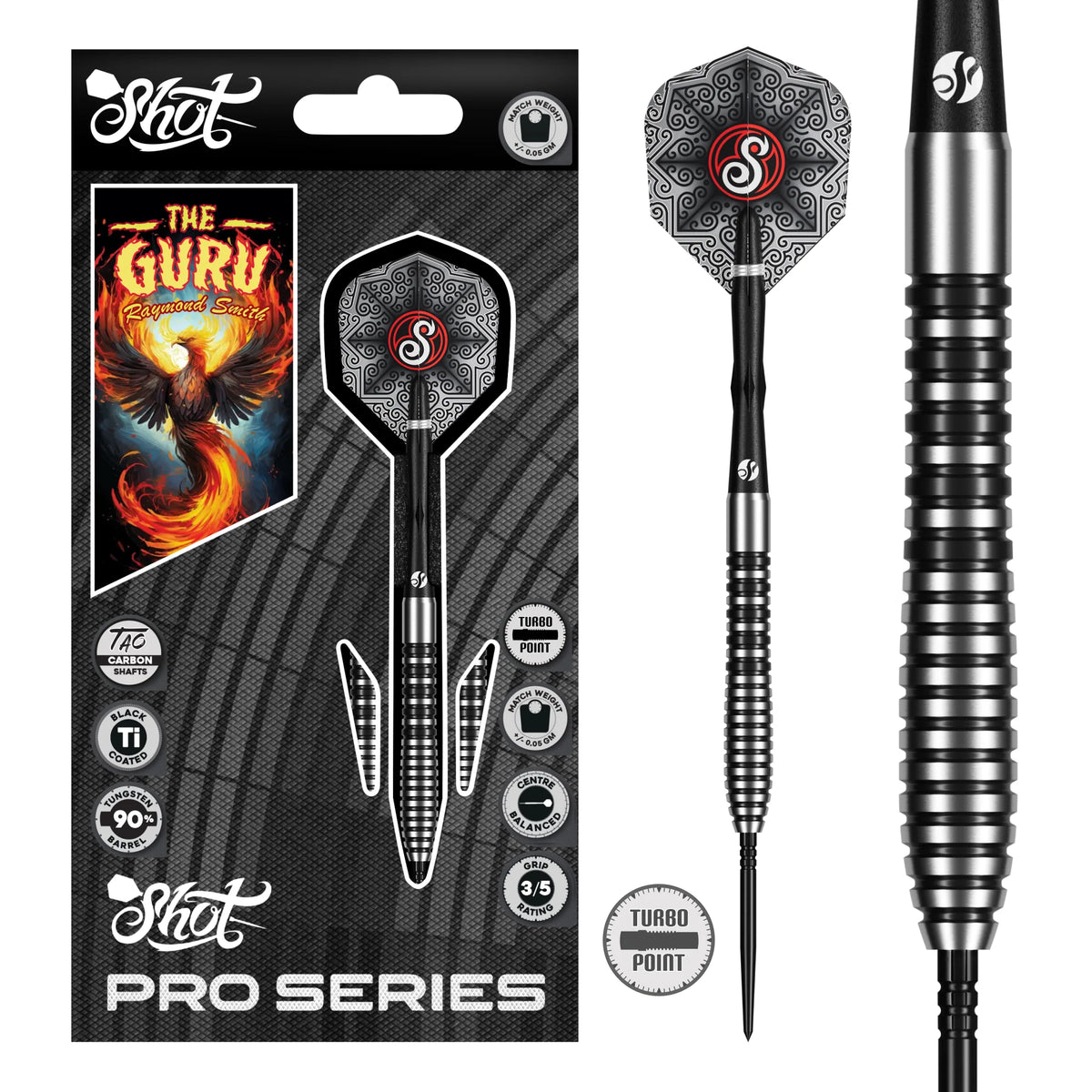 Shot Pro Series Raymond Smith Guru Turbo Point Steel Tip Dart Set-90% Tungsten Barrels-22gm
