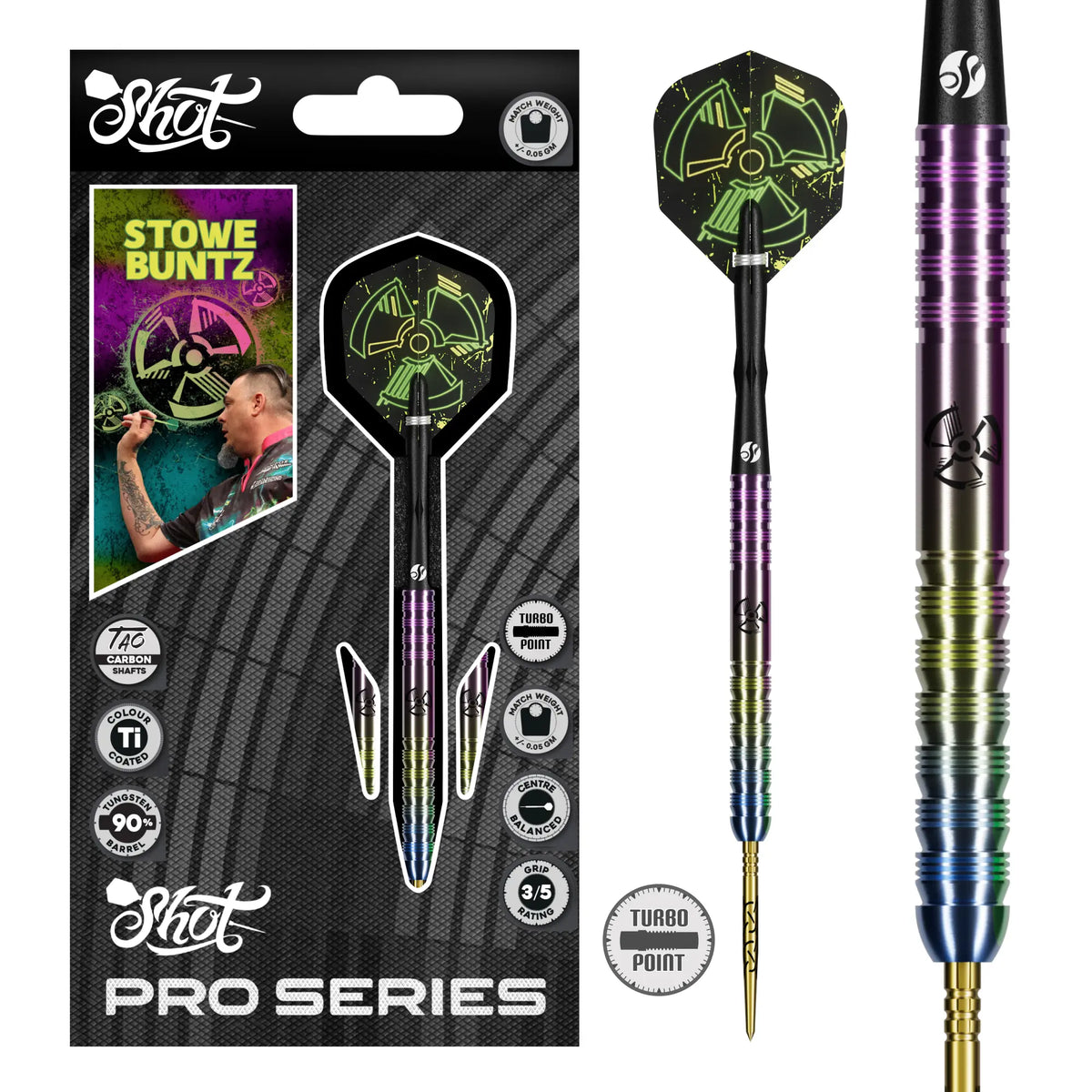 Shot Pro Series Stowe Buntz 3.0 Turbo Point Steel Tip Dart Set-90% Tungsten Barrels-23gm