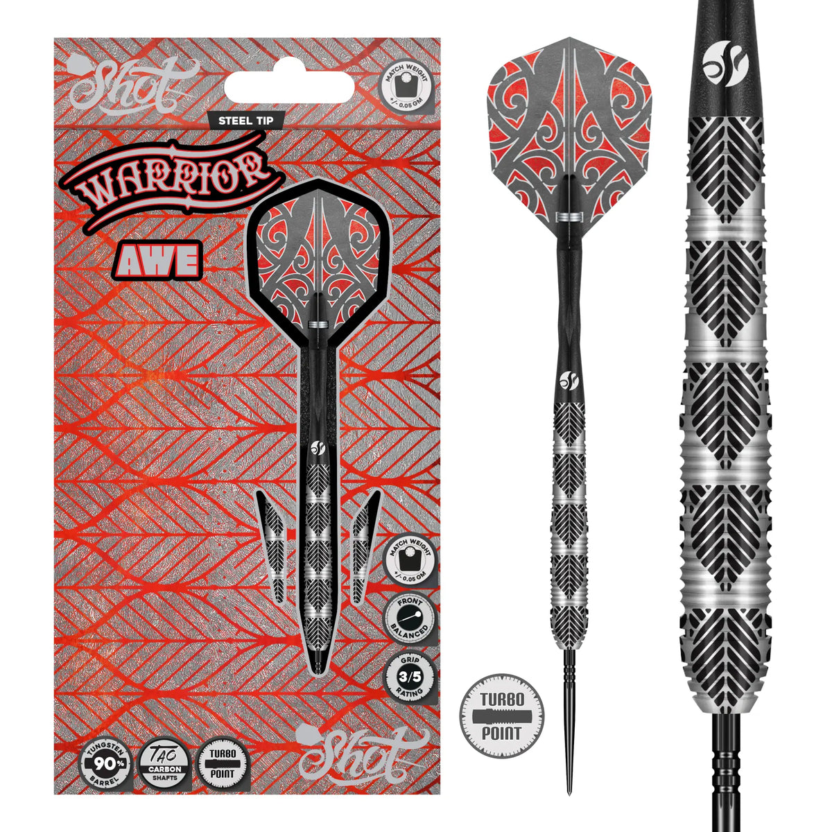Shot Warrior Awe Turbo Point Steel Tip Dart Set-90% Tungsten Barrels-22gm