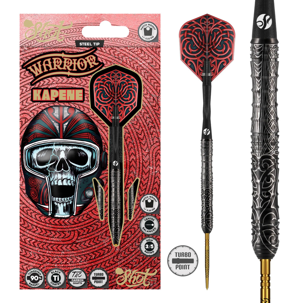 Shot Warrior Kapene Turbo Point Steel Tip Dart Set-90% Tungsten Barrels-23gm