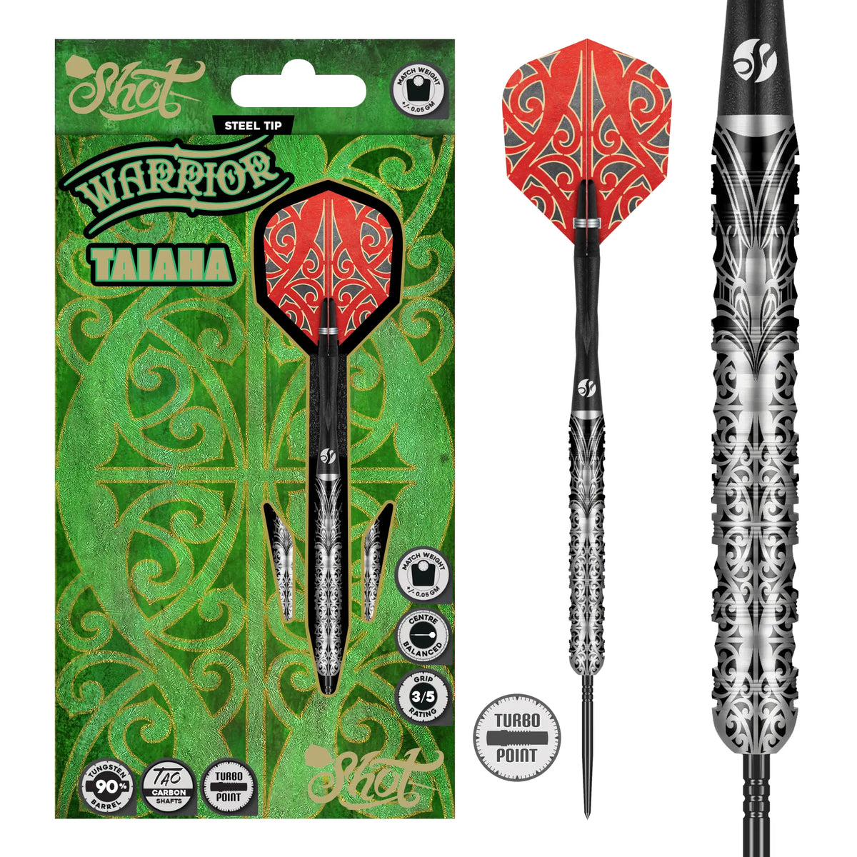 Shot Warrior Taiaha Turbo Point Steel Tip Dart Set-90% Tungsten Barrels - 24gm