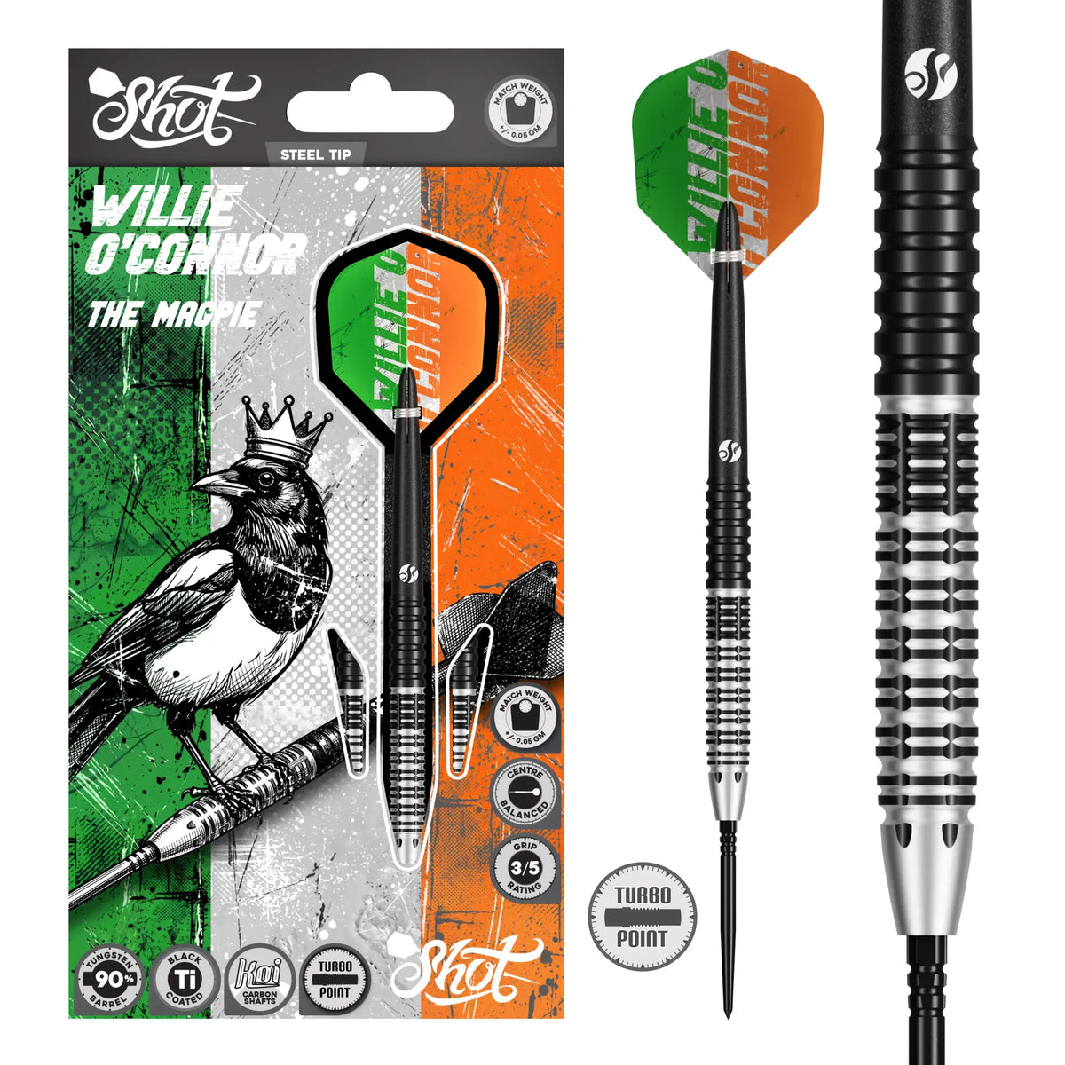 Shot Pro Series Willie O'Connor Magpie Turbo Point Steel Tip Dart Set-90% Tungsten Barrels - 24gm