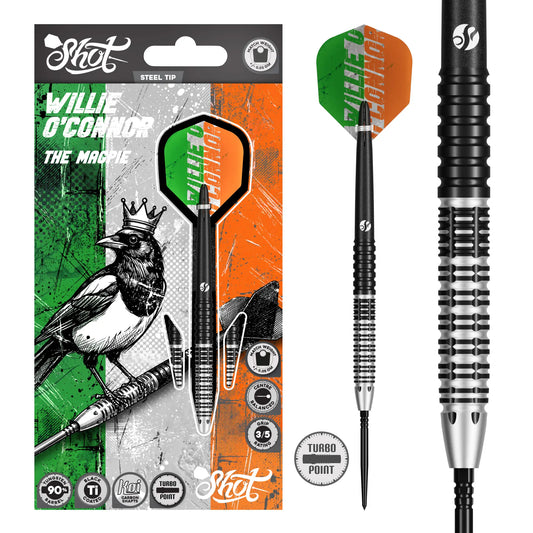 Shot Pro Series Willie O'Connor Magpie Turbo Point Steel Tip Dart Set-90% Tungsten Barrels - 24gm