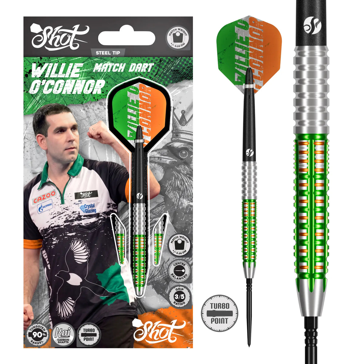 Shot Pro Series Willie O'Connor Turbo Point Steel Tip Dart Set-90% Tungsten Barrels - 23gm