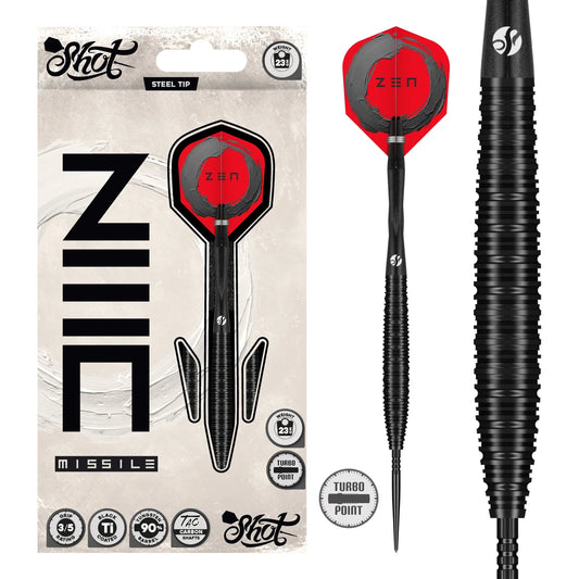 Shot Zen Missile Turbo Point Steel Tip Dart Set-90% Tungsten Barrels-24gm