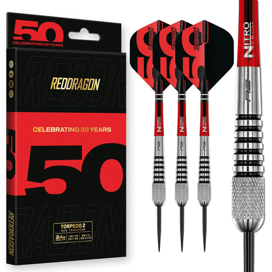 Red Dragon 50 Year Flightmaster Torpedo 2 Steel Tip Darts 24 gram 80% Tungsten