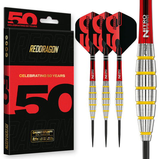 Red Dragon 50 Year Chunky Stumpy 3 Steel Tip Darts 24 gram 85% Tungsten