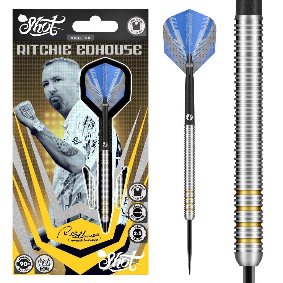 Shot Ritchie Edhouse Steel Tip Dart Set-90% Tungsten Barrels-24gm