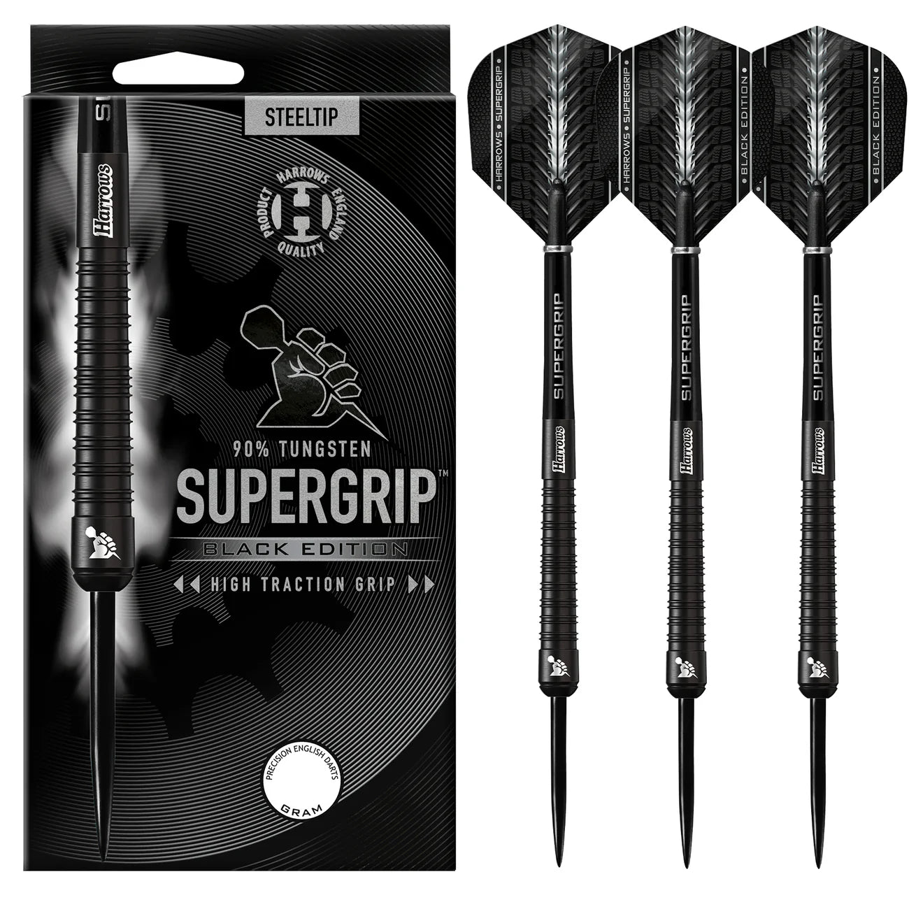 Harrows Supergrip Black Edition - Steel Tip Darts - 90% Tungsten - 24g