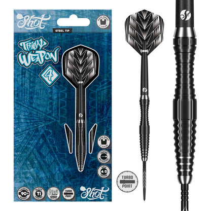 Shot Tribal Weapon 4 Turbo Point Steel Tip Dart Set-90% Tungsten Barrels-22gm